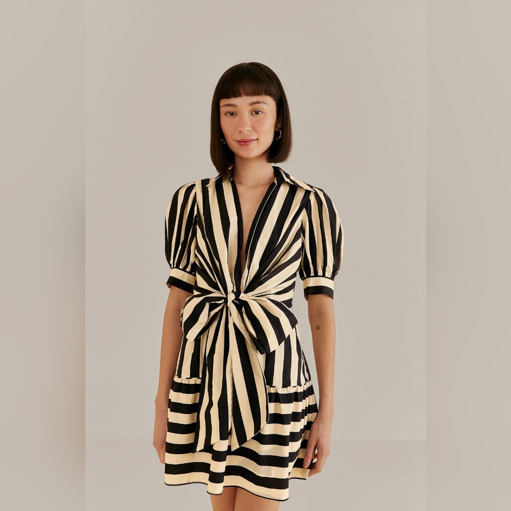 NWT FARM Rio Black Mixed Stripes Short Sleeve Mini Dress